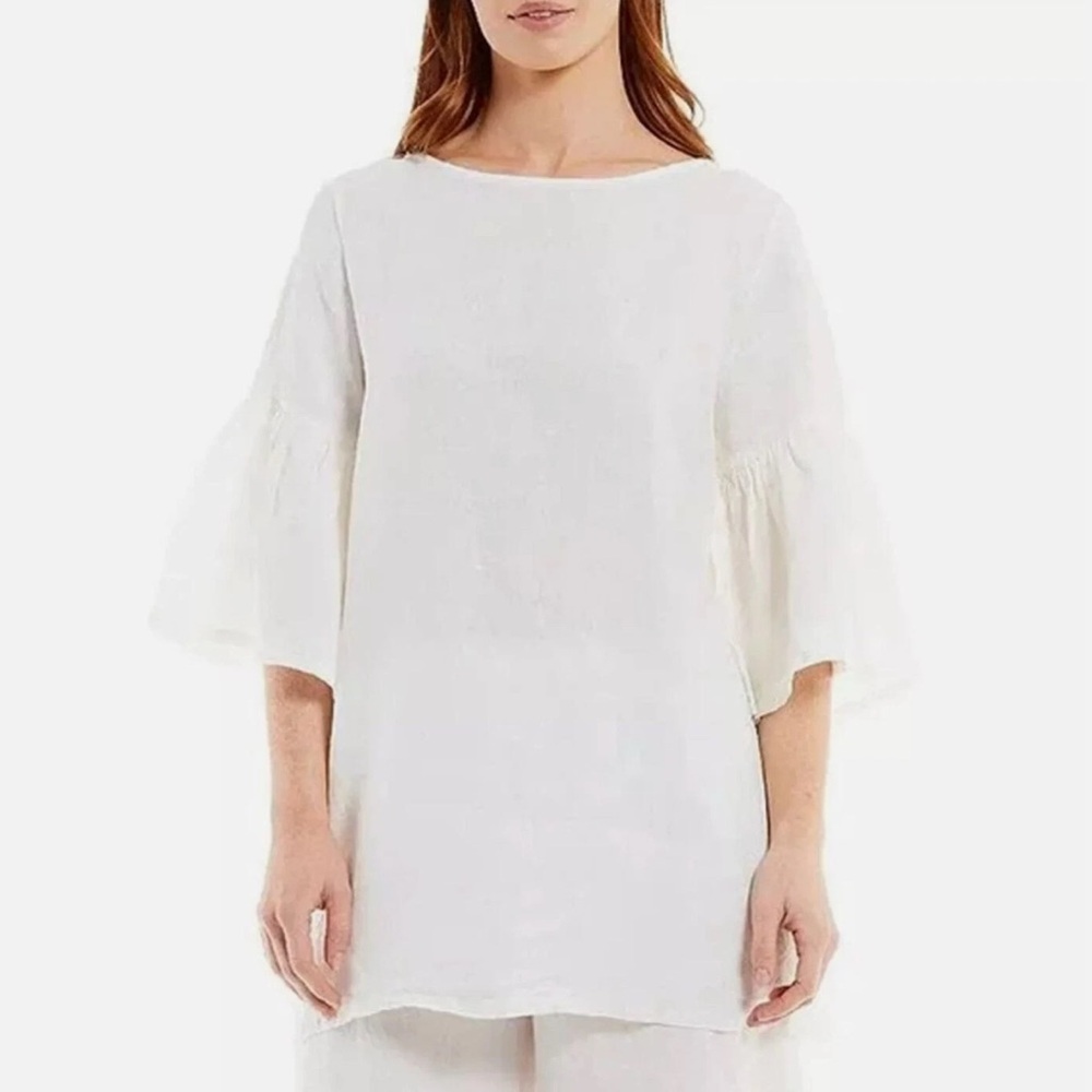 Bryn Walker Linen Round Neck Ruffle 3/4 Bell Sleeve Tunic Top‎ White M 12/14